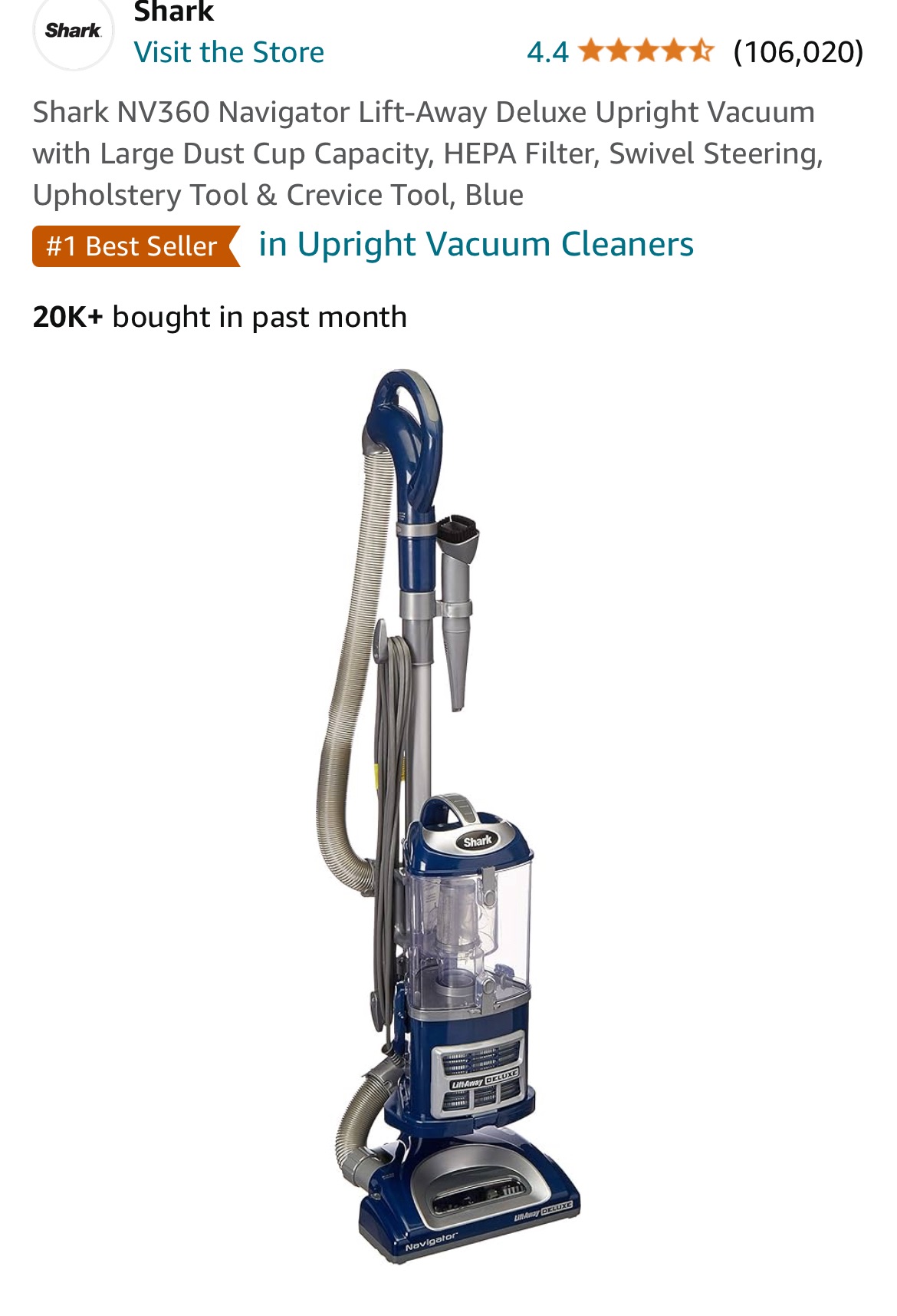 Shark NV360 Navigator Lift-Away Deluxe Upright Vacuum with Large Dust Cup Capacity, HEPA Filter, Swivel Steering, Upholstery Tool & Crevice Tool, Blue
