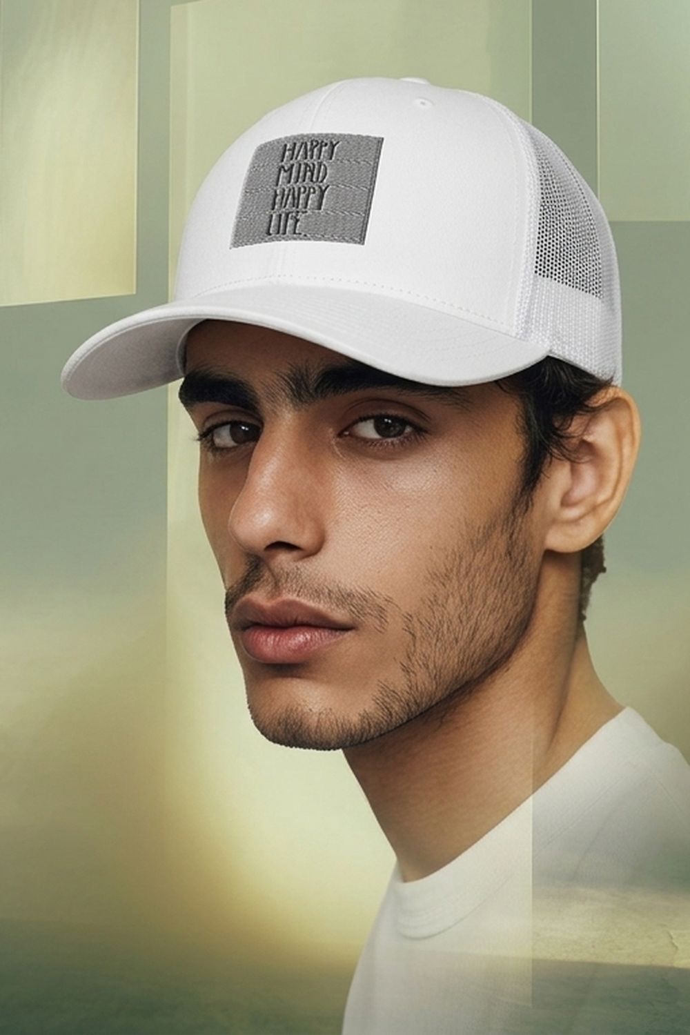 Happy Mind Happy Life Trucker Cap -White